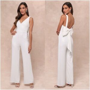 LULU’S Feeling Sparkly White Sequin Bow Wide-Leg Jumpsuit